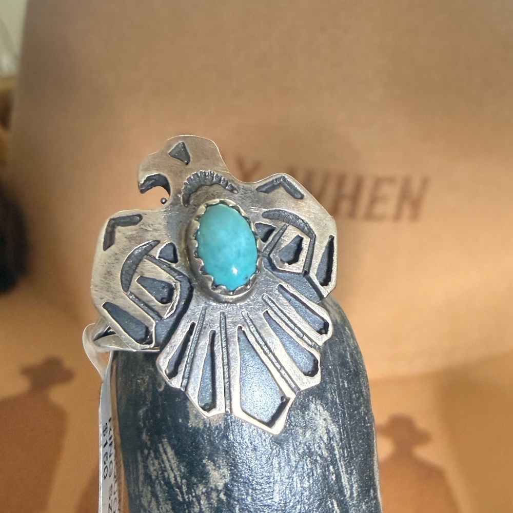 Navajo Signed Martinez Robertson Thunderbird Ring
Sterling Silver 
Size 9